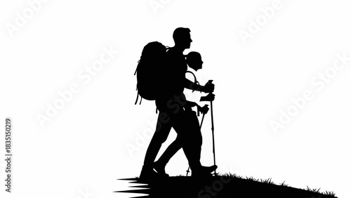 Black and white silhouette of a person hiking with a backpack.