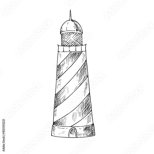 Vector vintage lighthouse. Hand painted linear Nautical symbol illustration. Graphic monochrome sketch isolated on background. For designers, prints, logo, icon, menu, postcards, holiday, covers