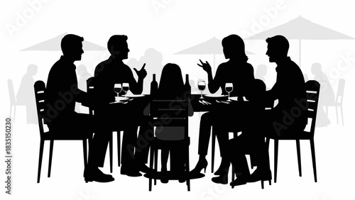 Silhouette of People Dining and Conversing at a Table.