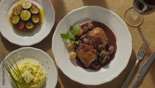 Elegant Dinner Plate Featuring Chicken, Vegetables, Mashed Potatoes, and Red Wine