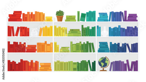 Organized colorful books on shelves, a whimsical owl and a globe create a cozy and intellectual vibe for your next project or design