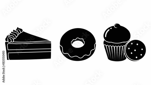 Black silhouette vector icons of sweet desserts cake donut cupcake and cookie.