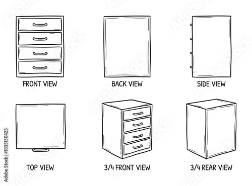 Drawer cabinet blueprint outline set, showing various perspectives of storage furniture
