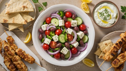 Fresh Mediterranean Salad with Grilled Chicken and Tzatziki Sauce on a Wooden Table