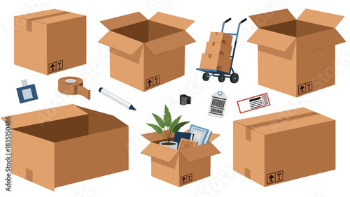Seamless moving preparation with boxes and cart illustration for relocation services and sustainable packaging campaigns for home or office use