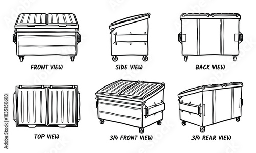 Dumpster outline drawings in various perspectives. Waste container sketches. Front, side, back, top, and 3/4 views.