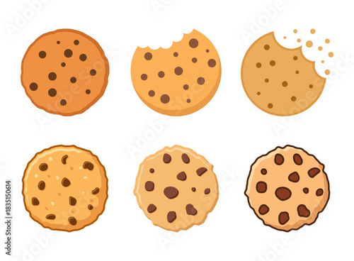 Chocolate chip cookie biscuit icon set collection in flat style. Sweet dessert vector illustration on isolated background. Homemade snack sign business concept.