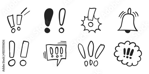 Warnings hand drawn doodle icon set collection in flat style. Alert danger vector illustration on isolated background. Exclamation sign business concept.