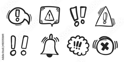 Warnings hand drawn doodle icon set collection in flat style. Alert danger vector illustration on isolated background. Exclamation sign business concept.