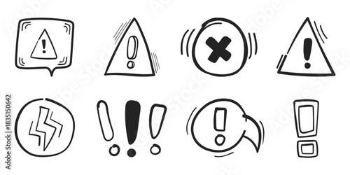 Warnings hand drawn doodle icon set collection in flat style. Alert danger vector illustration on isolated background. Exclamation sign business concept.