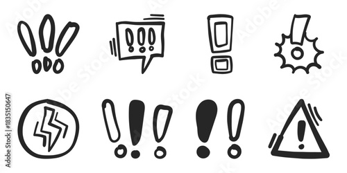 Warnings hand drawn doodle icon set collection in flat style. Alert danger vector illustration on isolated background. Exclamation sign business concept.