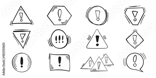 Warnings hand drawn doodle icon set collection in flat style. Alert danger vector illustration on isolated background. Exclamation sign business concept.