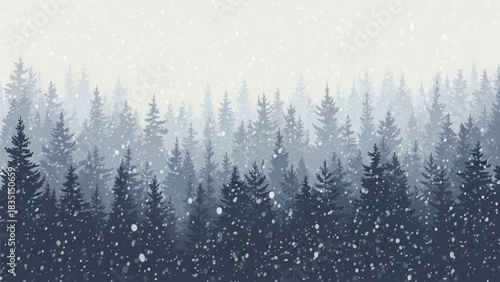 Snowy forest scene with falling snow and mist covering the distant trees