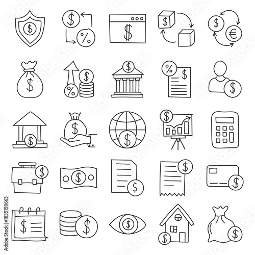 Money loan interest rate hand drawn doodle icons set collection in flat style. Payment benefit vector illustration on isolated background. Discount sign business concept.