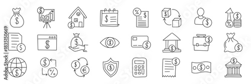 Money loan interest rate hand drawn doodle icons set collection in flat style. Payment benefit vector illustration on isolated background. Discount sign business concept.