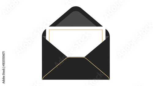 Elegant black invitation envelope reveals blank card with gold border for personalized message or announcement design template mock up