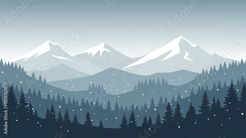 Serene Winter Landscape Majestic Mountains, Snowfall, and Evergreens in a Peaceful Scene