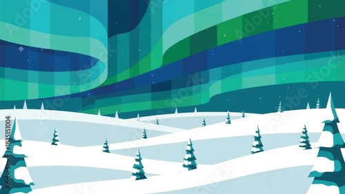 A magical winter night sky illuminated by the breathtaking glow of the Aurora Borealis over a serene, snow-covered landscape with evergreen trees