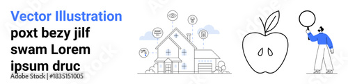 Modern house with connected devices, sustainable energy icons, large apple symbolizing health, and person observing. Ideal for sustainable living, technology, wellness, lifestyle, energy health