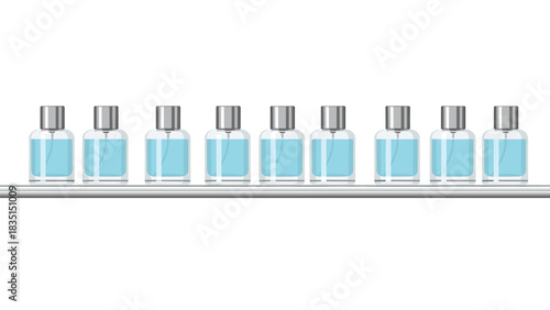 Elegant perfume bottles with light blue liquid, lined up perfectly on a shelf offering a modern, sophisticated fragrance vibe for your brand