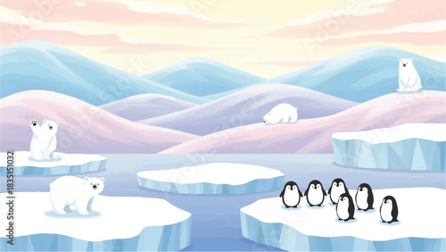 Charming Arctic Scene with Polar Bears and Penguins on Ice Floes