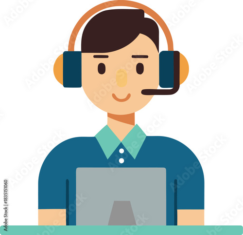Customer support agent wearing headset using computer isolated on white background