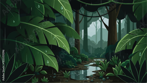 Lush Rainforest Path Serene Jungle Scene with Abundant Flora and Reflections in Water