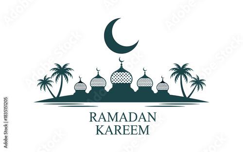 Elegant Ramadan Kareem Illustration: Mosque Silhouette with Crescent Moon and Palm Trees for Islamic Celebrations and Holiday Greetings, Featuring Traditional Arabesque Design