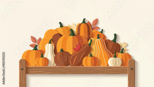 Vibrant Autumn Harvest of Various Pumpkins and Gourds Displayed on a Wooden Shelf