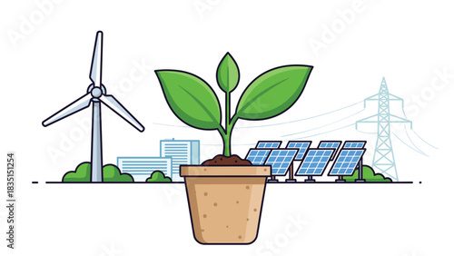 Showcasing a sustainable city with clean energy solutions and a vibrant plant symbolizing growth and eco-consciousness for future generations