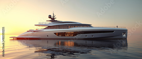 Futuristic yacht with transparent bottom sailing in calm ocean at sunset  
