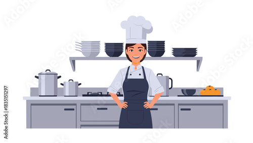 Confident female chef smiling in a clean, modern kitchen ready to create culinary magic, perfect for restaurant promotions and cooking blogs