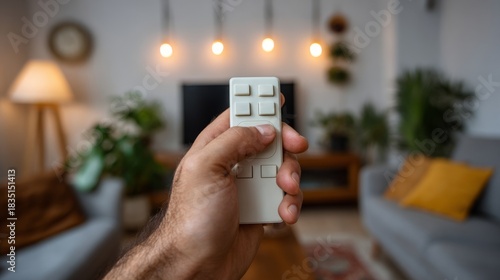 A close-up of a hand holding a remote control in a cozy living room setting with plants and warm lighting.