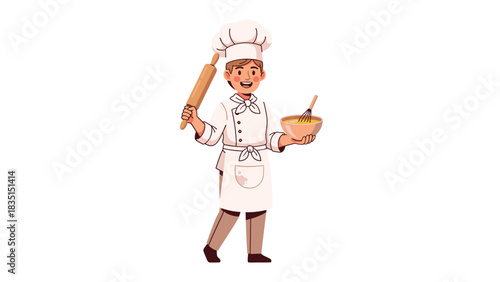 Cheerful young baker with rolling pin and mixing bowl ready to bake delicious pastries and cakes in a bright kitchen setting illustration