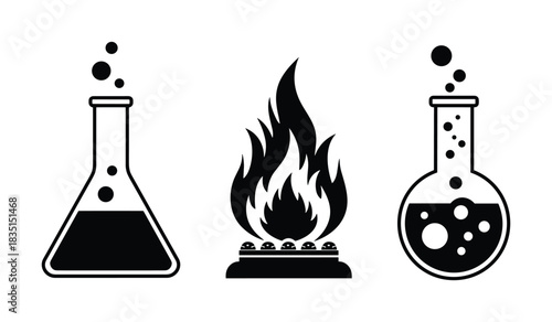 Erlenmeyer flask, round bottom flask, and bunsen burner representing scientific experiments and education