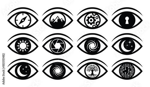 Eye icons with conceptual elements inside. Represents knowledge, observation, wisdom, and perception.