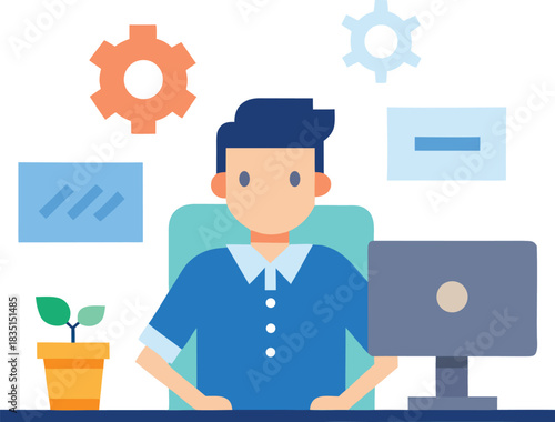 Developer coding at desk with programming brackets and gear isolated on white background