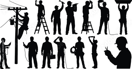 Silhouette collection of  electrical workers in various poses
