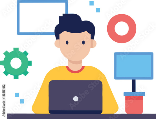 Developer coding at desk with brackets and gear isolated on white background