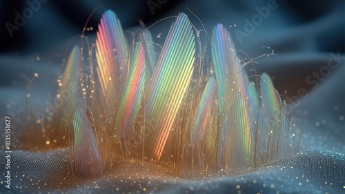 Luminous striped prisms rise amidst delicate tendrils upon a shimmering landscape, creating a serene composition