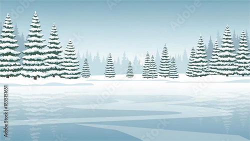 Winter landscape illustration of snow-covered evergreen trees reflected in a frozen body of water under a clear sky