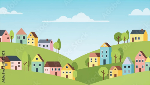 Picturesque Village Colorful Houses on Rolling Hills Under a Sunny Sky Illustration