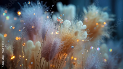 Iridescent spheres decorate fluffy white and pastel plants, catching the light with a soft, ethereal glow