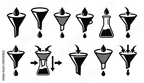 Filter icons for purification and sorting. Funnel, liquid drops, and flask symbols for various filtration processes.