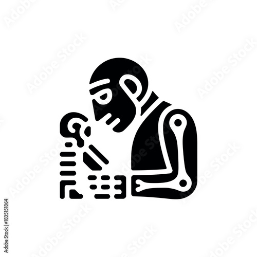 Black Silhouette of Indigenous Man Crafting Wood Carving Isolated on White