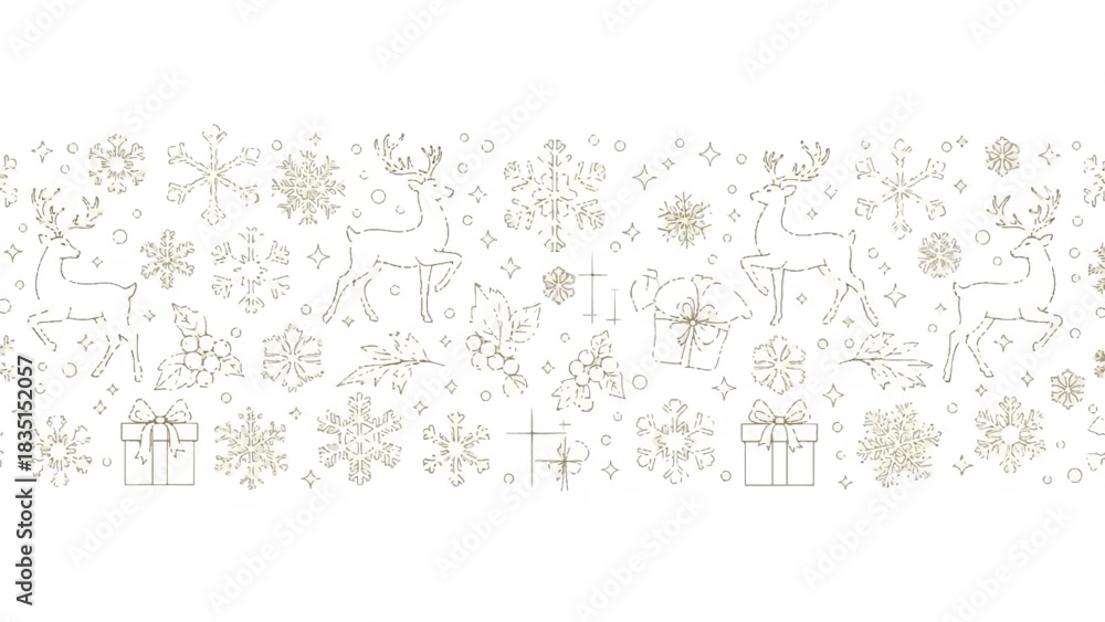 Obraz premium Seamless horizontal banner with golden Christmas illustrations of reindeer, snowflakes, and presents in a delicate line art style