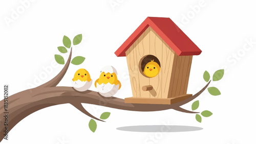 Adorable chicks hatching from eggs and perched on a tree branch near a birdhouse