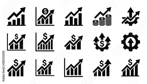 Financial charts, business progress, growing profits, up arrows and currency signs vector set