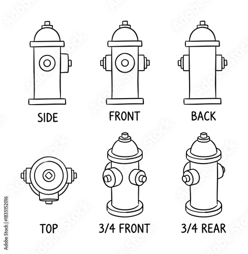 Fire hydrant blueprint outline set, showing different perspectives of emergency utility