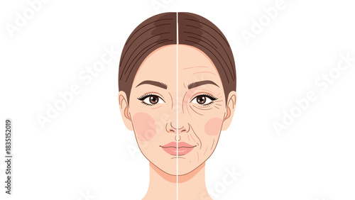Compare youthful skin to aging face showing wrinkles and lines, anti-aging skincare treatment results, before and after beauty concept